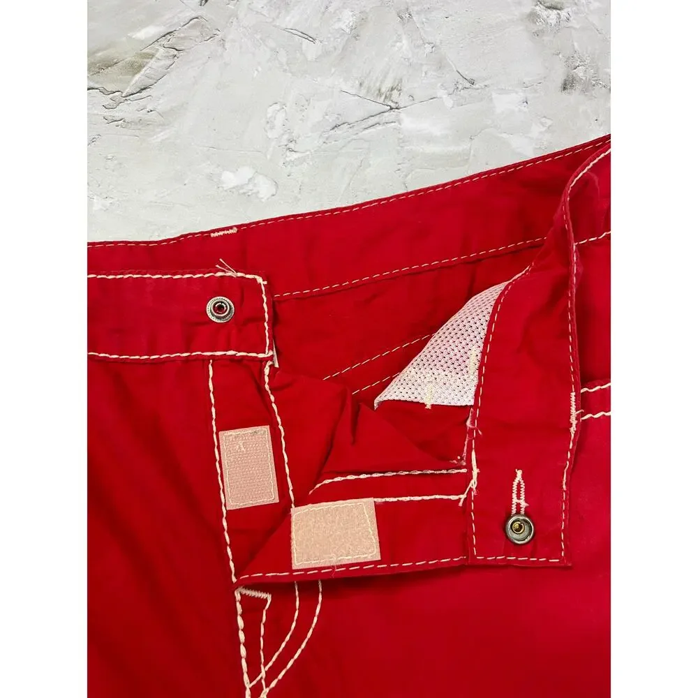 True Religion Big T Boardshort SIZE 33 Red White Stitch Cotton Swim Shorts EUC